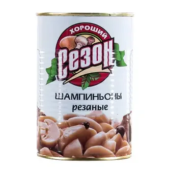Грибы шампиньоны резаные натуральные стерилизованные, 425 мл, Хороший сезон
